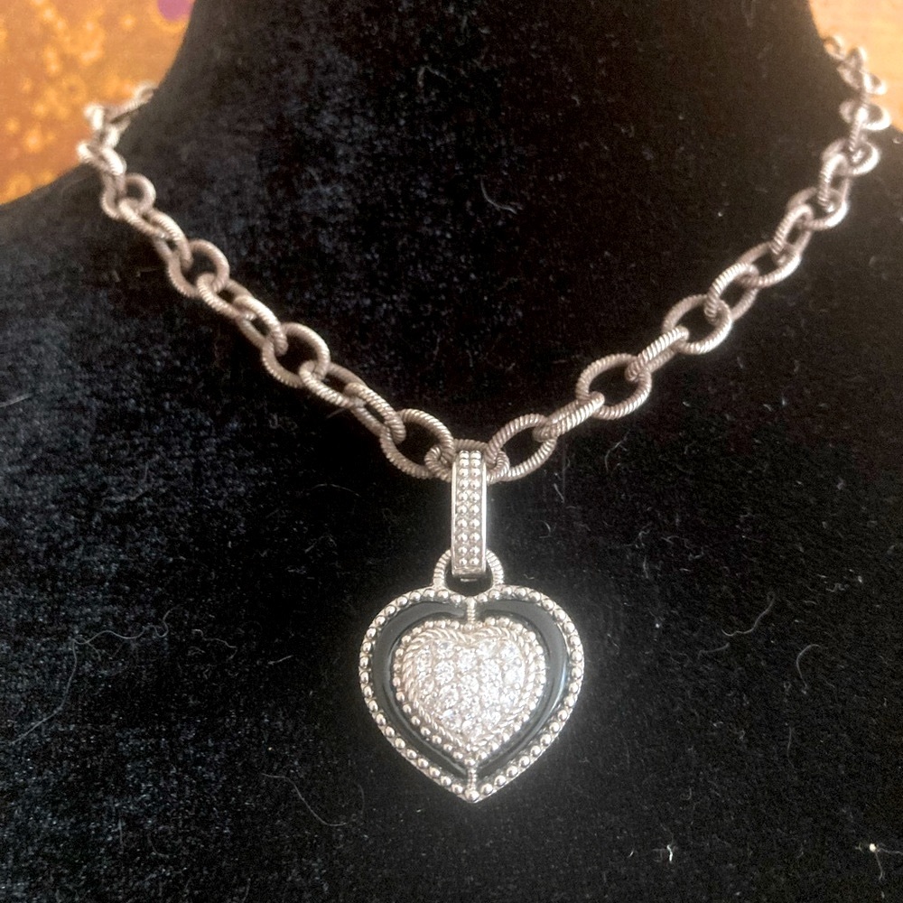 Judith RIPKA Sterling Silver heart pendant and chain link necklace.